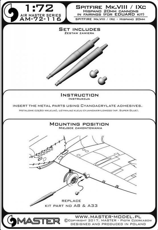 Spitfire Mk.VIII/Ixc - Hispano 20mm cannons in fairings (fit to Eduard) - MASTER MODEL 72-116