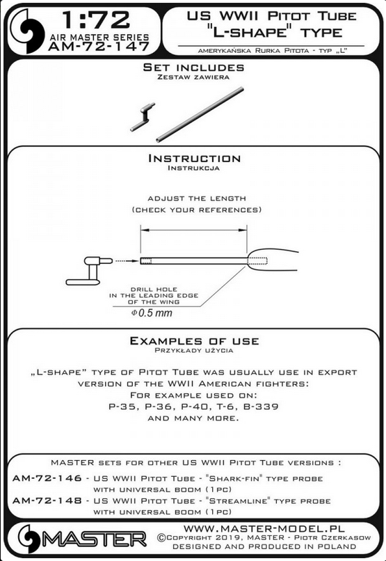 US WWII Pitot Tube - "L shape" type probe (1 pc) - use on export versions of US aircrafts (e.g. P-35, P-36, P-40, T-6, B-339) - MASTER MODEL 72-147
