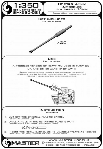 Bofors 40 mm - air-cooled gun barrels (20pcs) - used on many ships (HMS Roberts and many more) - MASTER MODEL SM-350-081