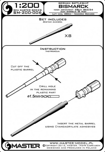 German battleship Bismarck - main gun barrels - 38 cm (15in) SKC/34 (8 pcs) - MASTER MODEL SM-200-006