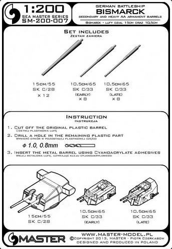 German battleship Bismarck - secondary & heavy AA armament barrels - 15cm (12 pcs), 10,5 cm (16 pcs) - MASTER MODEL SM-200-007