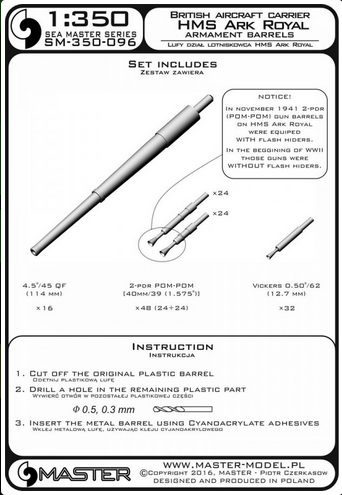 HMS Ark Royal armament barrels - 4.5in (16pcs), 40mm POM-POM (48pcs), Vickers .50cal (32pcs) - MASTER MODEL SM-350-096