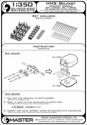 HMS Belfast armament - 6in (12pcs), 4in (12pcs) barrels - set includes resin correction for 6in gun mounting - MASTER MODEL SM-350-079