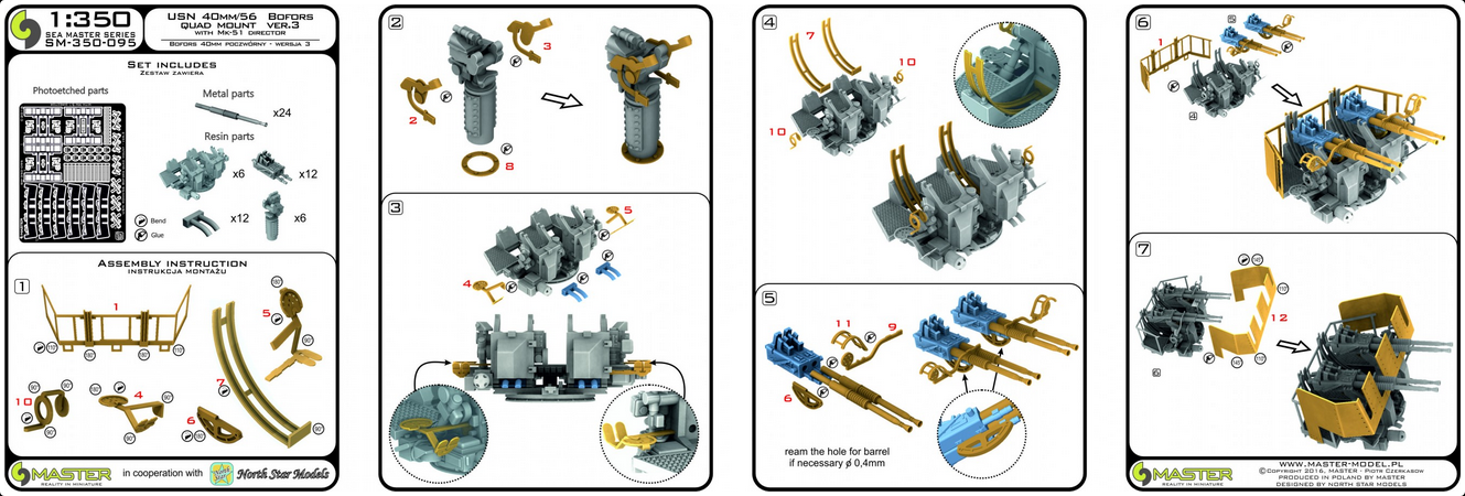 USN 40 mm/56 Bofors quadruple mount ver.3 / with Mk-51 director - (resin, PE and turned parts) - (6pcs) - MASTER MODEL SM-350-095