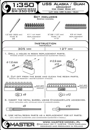 USS Alaska/Guam armament - 12in (9pcs), 5in (12pcs) barrels with resin mounts (for Hobby Boss kit) - MASTER MODEL SM-350-099