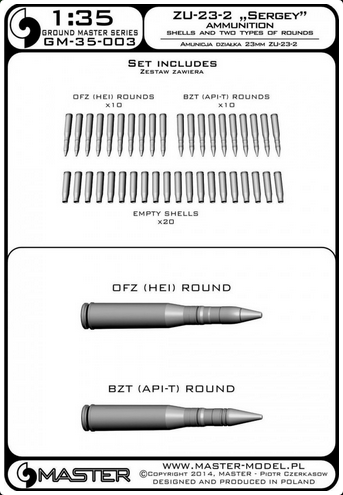 ZU-23-2 "Sergey" ammunition - shells (20pcs) and two types of rounds (10 pcs of each type) - MASTER MODEL GM-35-003