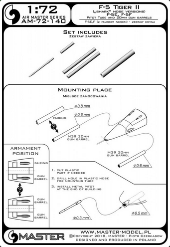 F-5 Tiger II "Freedom Fighter" (shark nose vers.) - F-5 E, F - Pitot Tube & 20mm gun barrels - MASTER MODEL 72-140