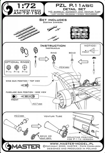 PZL P11a/b/c - details set - wz. 33 machine gun barrels, gunsight and Venturi Tube - MASTER MODEL 72-150