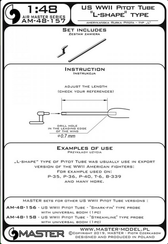 US WWII Pitot Tube - "L shape" type probe (1 pc) - use on export vers. of US aircrafts (e.g. P-35, P-36, P-40, T-6, B-339) - MASTER MODEL 48-157