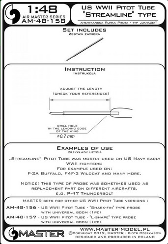 US WWII Pitot Tube - "Streamline" type probe (1 pc) - mainly used on US Navy early aircrafts (e.g. F-2A Buffalo, F4F-3 Wildcat) - MASTER MODEL 48-158