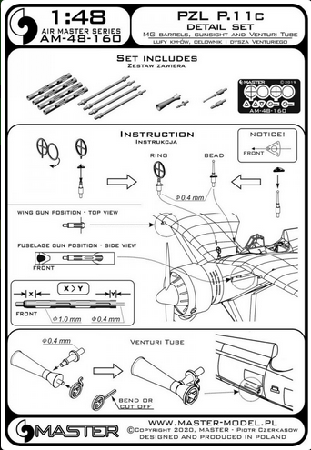 PZL P11c - details set - wz. 33 machine gun barrels, gunsight and Venturi Tube - MASTER MODEL 48-160