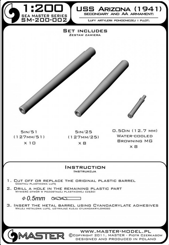USS Arizona BB-39 (1941) - secondary & AA armament barrels - 5in/51 (10pcs), 5in/25 (8pcs), Browning .50 (8pcs) barrels - MASTER MODEL SM-200-002