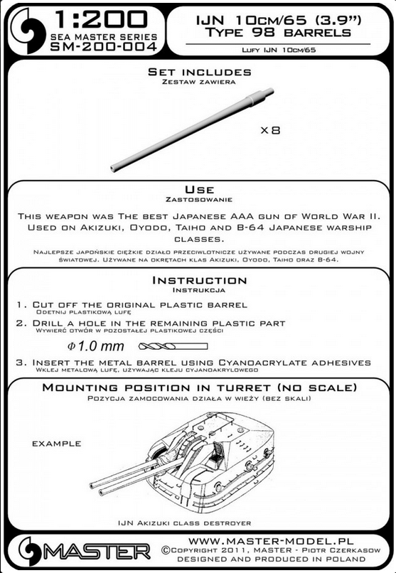 IJN 10cm/65 (3.9in) Type 98 barrels (8pcs) - MASTER MODEL SM-200-004
