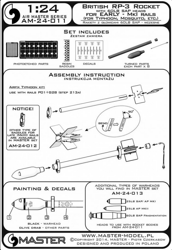 British 3in Rocket RP-3 with 60LB SAP heads (8pcs) - for early Mk I rail - MASTER MODEL AM-24-011