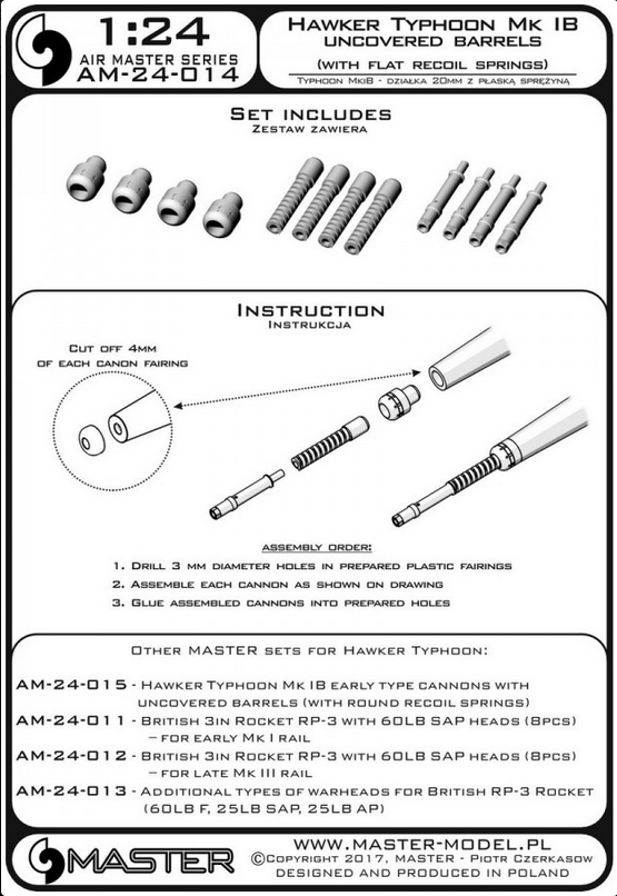 Hawker Typhoon Mk IB early type cannons with uncovered barrels (with flat recoil springs) - MASTER MODEL AM-24-014