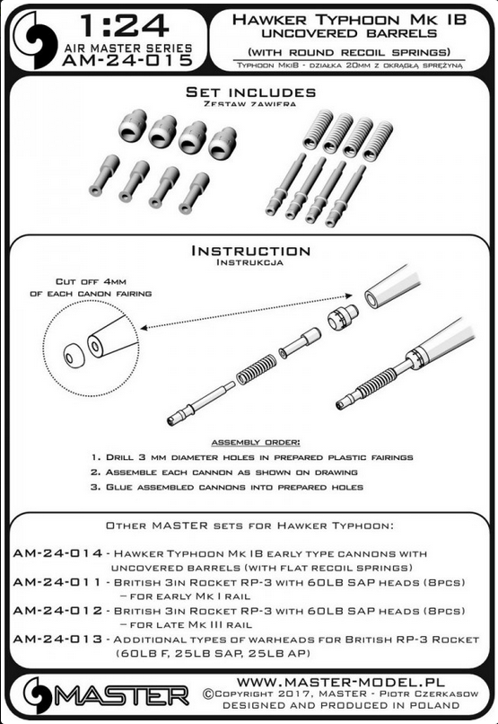 Hawker Typhoon Mk IB early type cannons with uncovered barrels (with round recoil springs) - MASTER MODEL AM-24-015