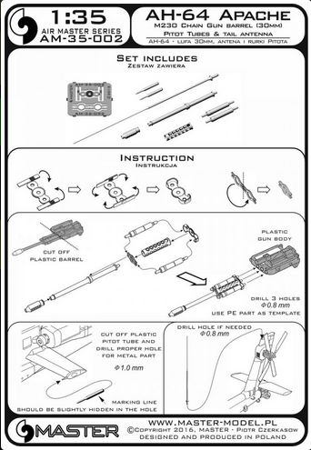 AH-64 Apache - M230 Chain Gun barrel (30mm), Pitot Tubes and tail antenna (resin, PE and turned parts) - MASTER MODEL AM-35-002
