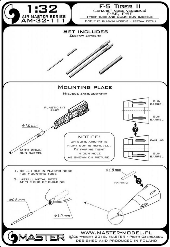 F-5 Tiger II "Freedom Fighter" (shark nose vers.) - F-5 E, F - Pitot Tube and 20mm gun barrels - MASTER MODEL AM-32-111