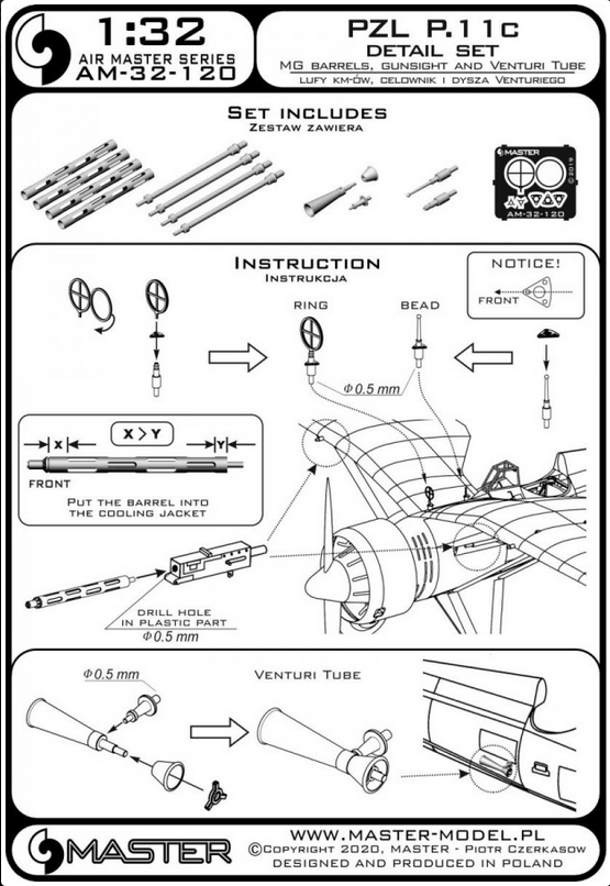PZL P.11c - details set - wz. 33 machine gun barrels, gunsight & Venturi Tube (for IBG model) - MASTER MODEL AM-32-120