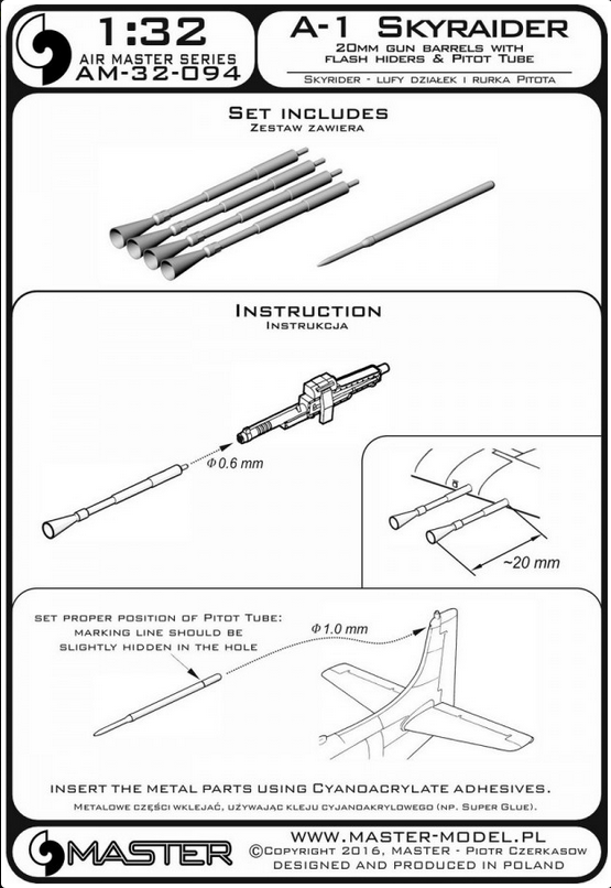 A-1 Skyraider - 20mm cannon barrels with flash hiders and Pitot Tube - MASTER MODEL AM-32-094
