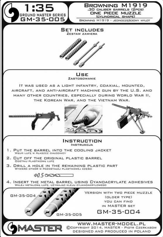 Browning M1919 .30 cal machine gun barrels - one piece muzzle (cylindrical shape) - MASTER MODEL GM-35-005
