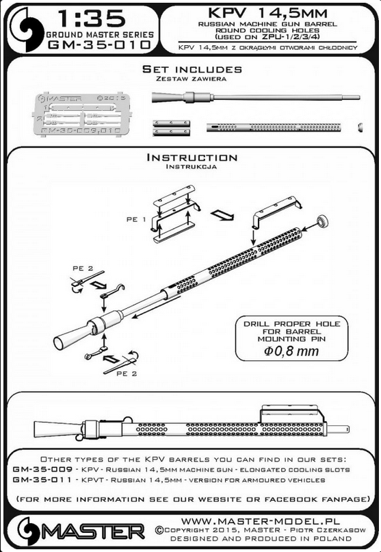 KPV - Russian 14,5mm heavy machine gun - round cooling holes - used on ZPU-1/2/4 anti-aircraft systems - MASTER MODEL GM-35-010