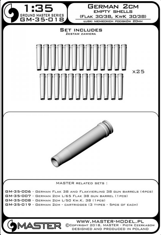 German 2cm ammunition (cal. 20x138B) for Flak 30/38, KwK 30/38 - empty shells (25pcs) - MASTER MODEL GM-35-018