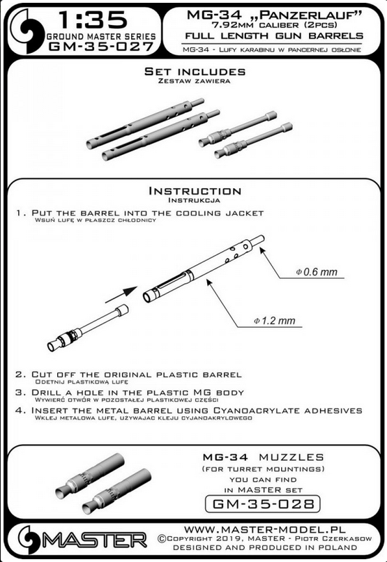 MG-34 "Panzerlauf" - German MG - armored version for tanks - full length gun barrels (2pcs) - MASTER MODEL GM-35-027