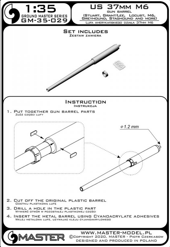 US 37mm M6 gun barrel - used on Stuart, Grant/Lee, Locust, M6, Greyhound, Staghound and more - MASTER MODEL GM-35-029