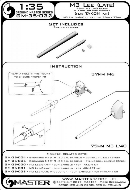 M3 Lee (late production) - 75mm M3 L/40 (long) & 37mm M6 gun barrels (for Takom kit) - MASTER MODEL GM-35-032
