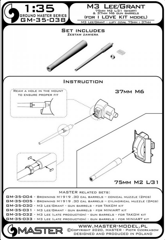 M3 Lee/Grant - 75mm M2 L/31 (short) & 37mm M6 gun barrels (for I Love Kit model) - MASTER MODEL GM-35-038