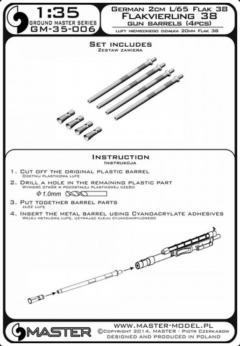 German 2cm L/65 Flak 38 and Flakvierling 38 gun barrels (4pcs) - MASTER MODEL GM-35-006
