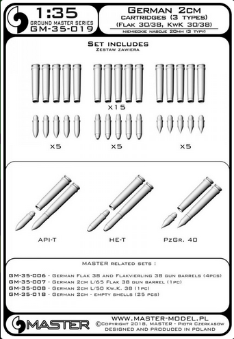 German 2cm ammunition (cal. 20x138B) for Flak 30/38, KwK 30/38 - shells (15pcs) & 3 types of projectiles (5pcs each type) - MASTER MODEL GM-35-019)