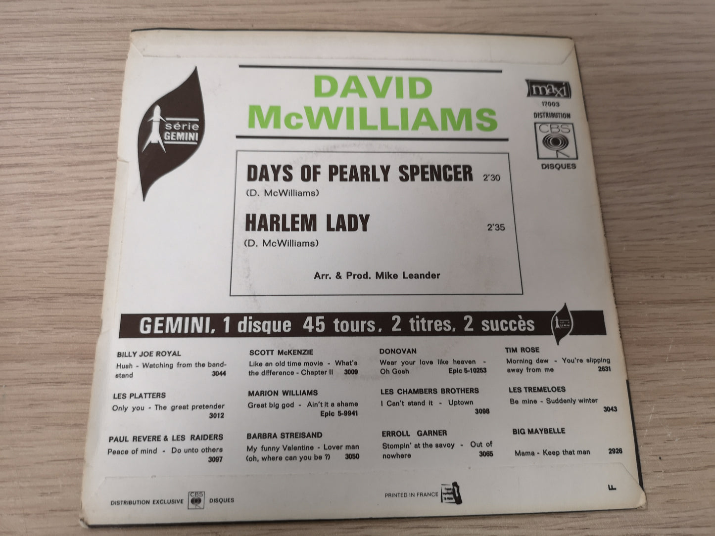 David McWilliams "Days of Pearly Spencer" Orig France 1967 M-/M- (7" Single)