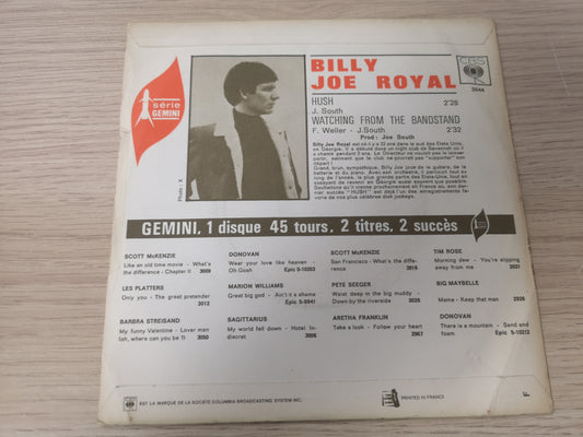 Billy Joe Royal "Hush" Orig France 1967 EX/EX (7" Single)