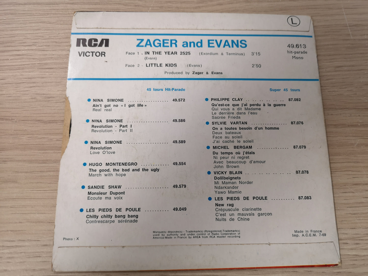 Zager and Evans "In The Year 2525" Orig France 1969 EX/EX (7" Single)