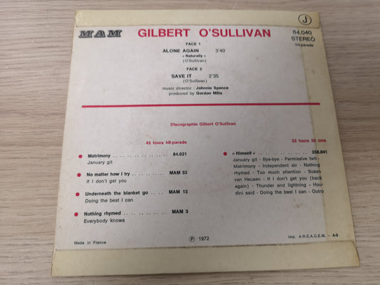 Gilbert O'Sullivan "Alone Again" Orig France 1972 VG++/EX (7" Single)