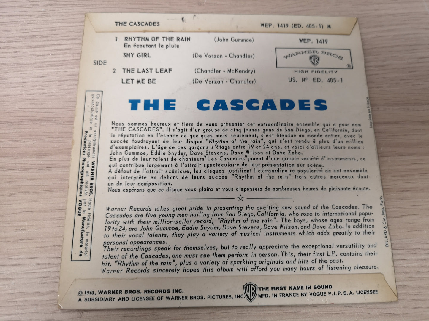 Cascades "Rhythm Of The Rain" Orig France 1963 EX/VG+ (7" EP)