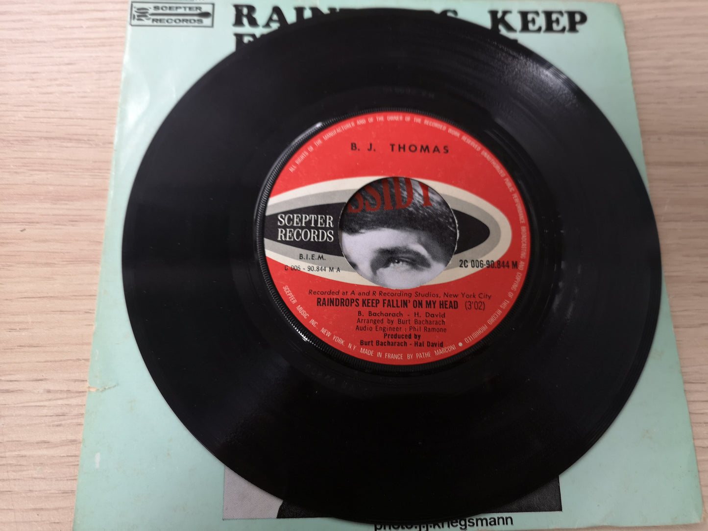 B.J. Thomas "Raindrops Keep Falling on My Head" Orig France 1969 EX/EX (7" Single)