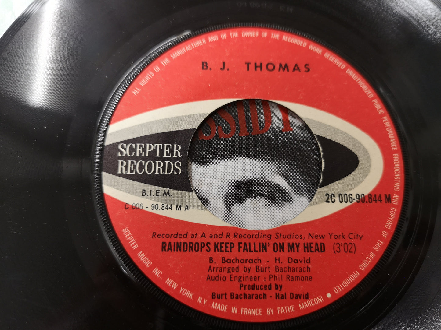 B.J. Thomas "Raindrops Keep Falling on My Head" Orig France 1969 EX/EX (7" Single)