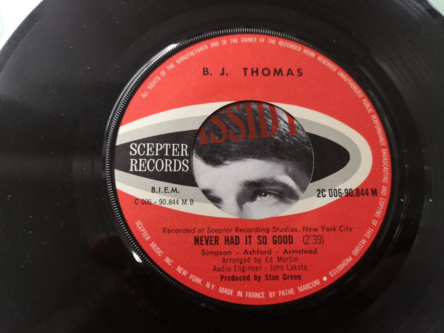 B.J. Thomas "Raindrops Keep Falling on My Head" Orig France 1969 EX/EX (7" Single)