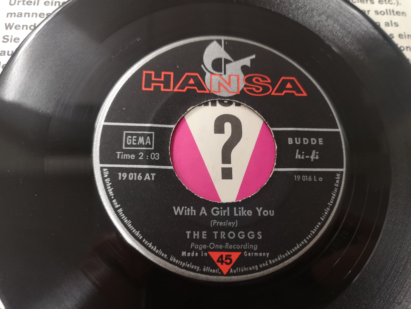 Troggs "With a Girl Like You" Orig Germany 1966 VG++/VG++ (7" Single)