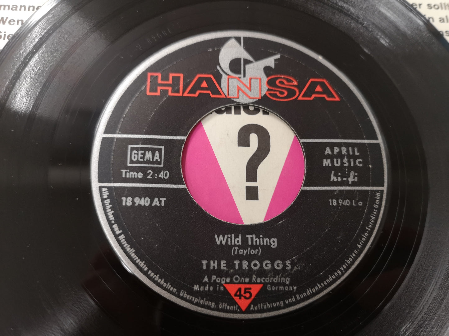 Troggs "Wild Thing" Orig Germany 1966 EX/EX (7" Single)