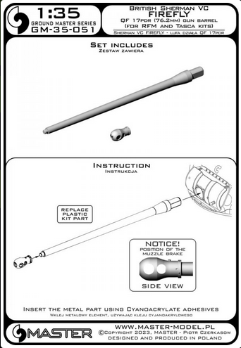 Sherman VC Firefly - Ordnance QF 17pdr (76.2mm) gun barrel (for RFM and Tasca kit) - MASTER MODEL GM-35-051