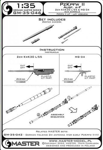 PzKpfw II Ausf. a–F - 2cm KwK30 L/55 & MG-34 gun barrels (for IBG, Dragon & others) - MASTER MODEL GM-35-046