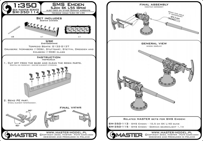 SMS Emden - 5,2 cm SK L/55 guns - (resin, PE and turned parts) - (8pcs) - MASTER MODEL SM-350-114