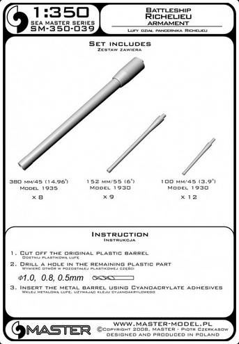 Richelieu armament - 380mm(8pcs), 152mm(9pcs), 100mm(12pcs) barrels - MASTER MODEL SM-350-039