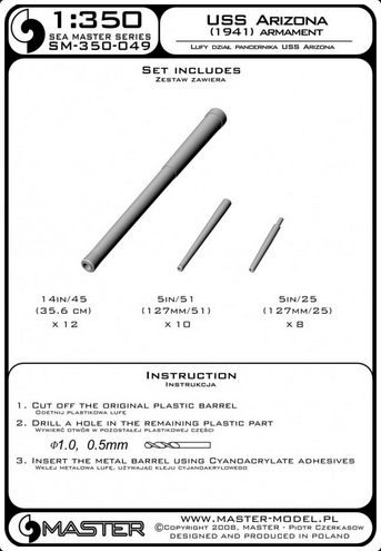 USS Arizona armament - 14in (12pcs), 5in/51 (10pcs), 5in/25 (8pcs) barrels - MASTER MODEL SM-350-049