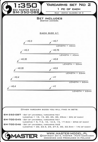 Set of universal yardarms No2 (lengths = 40,45, 50, 55, 60, 65mm) - MASTER MODEL SM-350-088