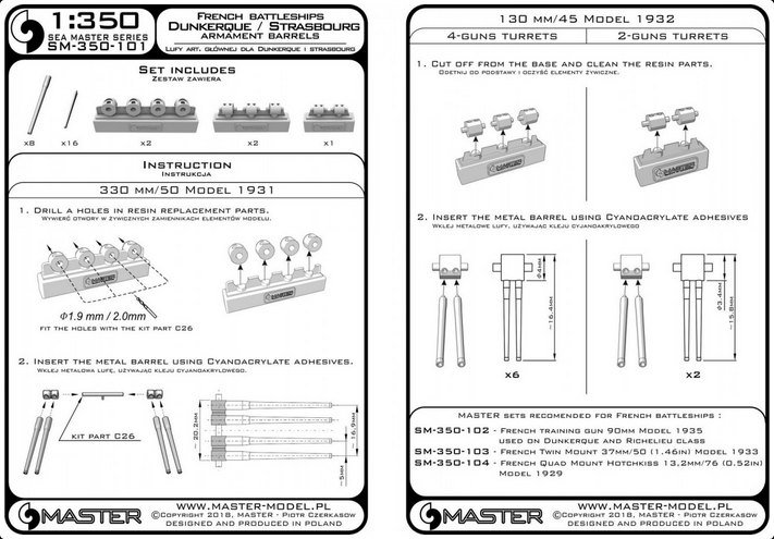 Dunkerque/Strasbourg armament - 330mm(8pcs), 130mm(16pcs) barrels w/ resin mounts (for Hobby Boss kit) - MASTER MODEL SM-350-101